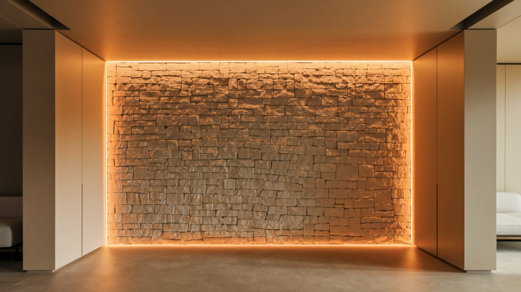 Thin Stone Veneer vs. Building Veneer: Which One Will Crown Your Dream Home? 4 A high-quality, photorealistic image of an interior accent wall made with thin stone veneer, highlighting its versatility and sleek appearance in a contemporary home."
