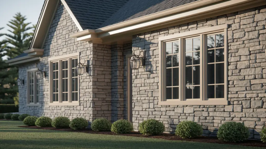 Stone Veneer: The Secret to Stunning, Affordable Design 6 Exterior facade showcasing gray stone veneer, providing a textured and durable surface for residential architectural design, creating a visually appealing finish.