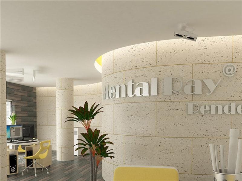 Office lobby wall finished with flexible tiles