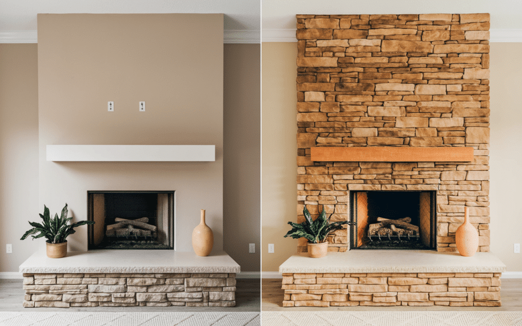 Where to Buy Stacked Stone Veneer: A Complete Guide - 5 Top Suppliers 4 DIY stacked stone veneer featuring a multi-tone brown and tan color palette applied to an interior fireplace and wall for a textured accent.