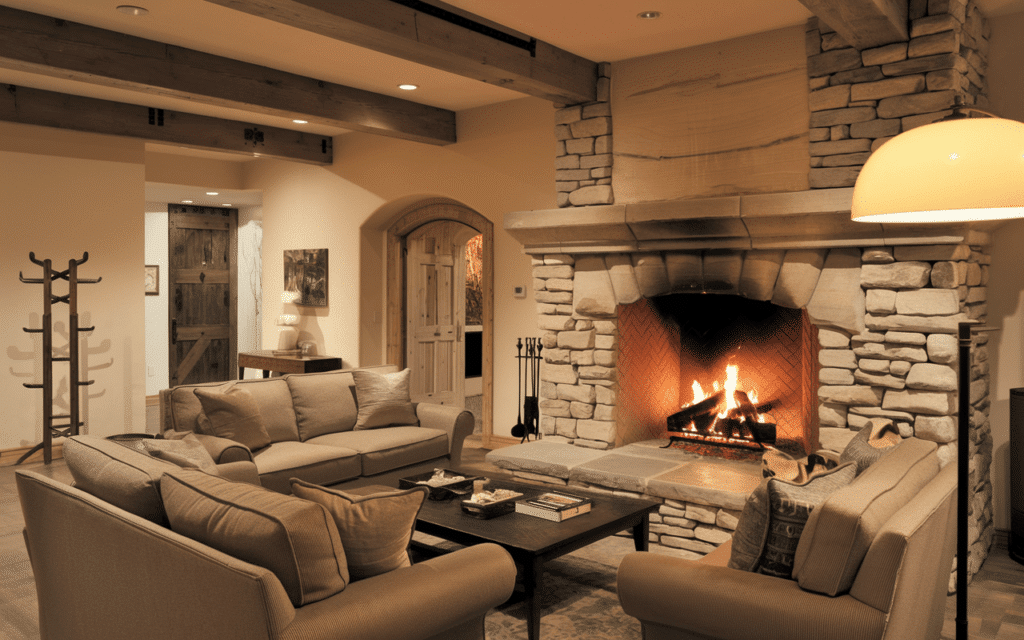 Stunning Stone Fireplace Designs to Transform Your Home in 2025 1 Natural stone veneer in a light beige, stacked stone pattern creates a stunning fireplace surround, transforming this residential living room with warmth and texture.