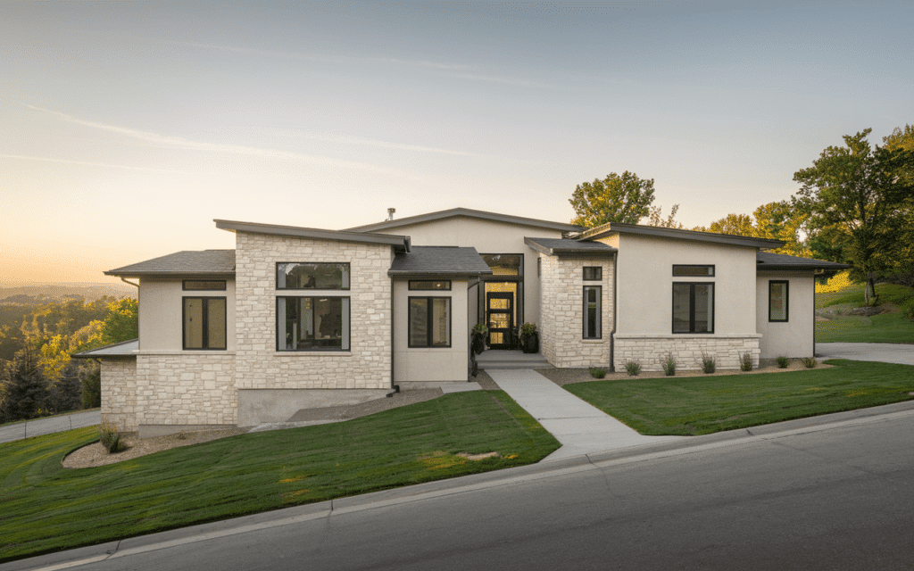Modern home exterior with light-colored stone veneer cladding on the facade, providing a stylish and durable architectural surface material.