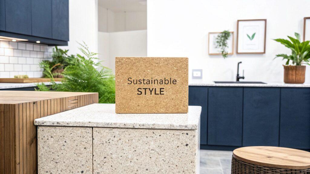 Top Sustainable Interior Design Materials for 2025 1 Speckled stone veneer on kitchen countertops and cabinets, showcasing a modern and durable material for interior design applications.
