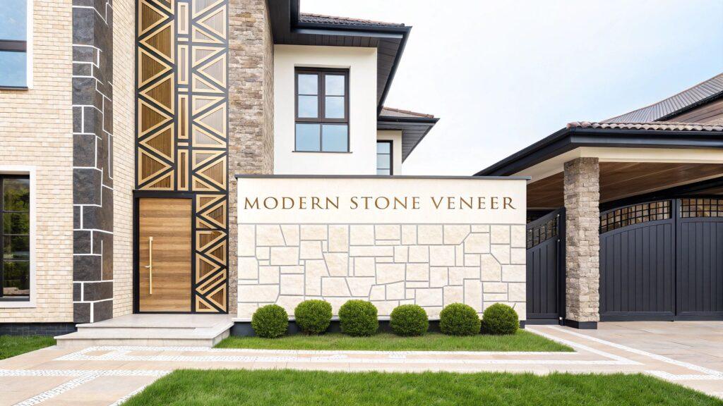 Modern Stone Veneer Exterior Ideas for 2025 17 Tan stone veneer on an exterior wall, showcasing a unique pattern, adds a touch of modern elegance to this residential facade design.