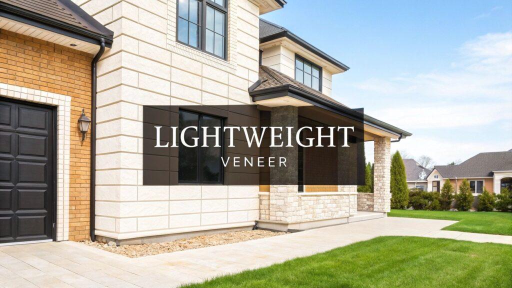 Transform Your Home with Lightweight Stone Veneer 32 Modern home exterior showcasing light-colored stone veneer on the facade, providing a durable and attractive architectural surface material for walls.