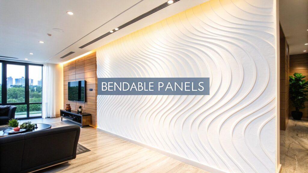 Innovative Bendable Wall Panels for Modern Interiors 23 Modern interior featuring white flexible stone tile with a wavy, sculptural texture applied as a decorative feature wall, enhancing the living space.