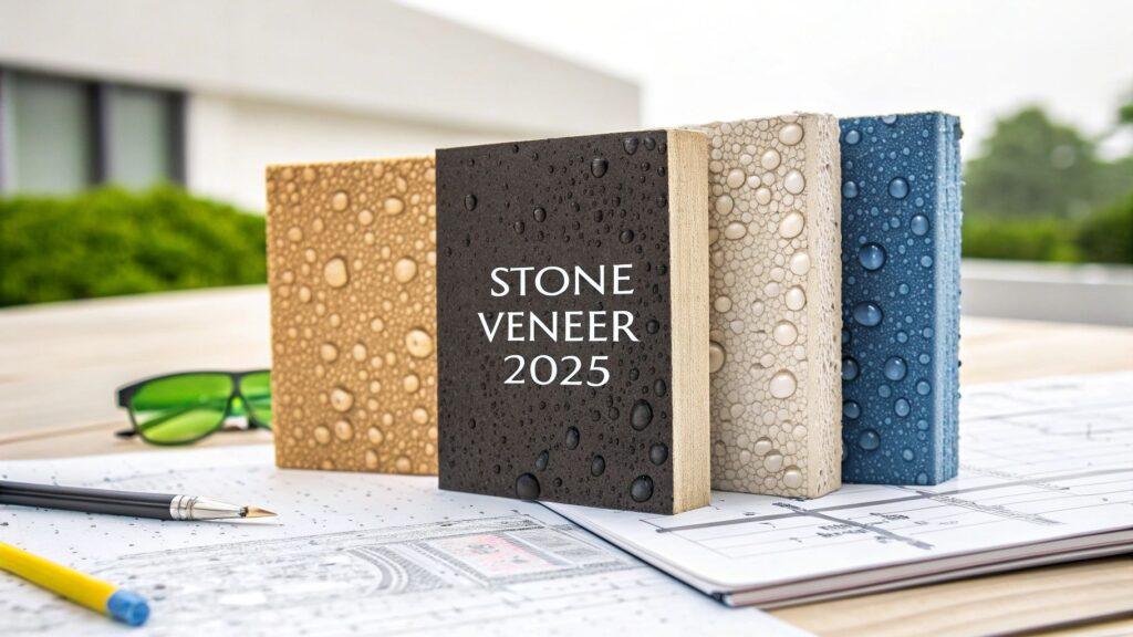 Top Waterproof Stone Veneer Options for 2025 27 Selection of stone veneer samples in tan, dark gray, light gray, and blue with a textured surface, ideal for a modern interior wall design.