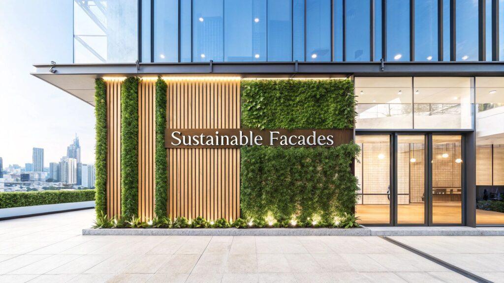 Top Sustainable Facade Materials for Modern Buildings 9 Vertical wood cladding and green wall facade, showcasing a modern and sustainable architectural design for commercial buildings, enhancing exterior aesthetics.