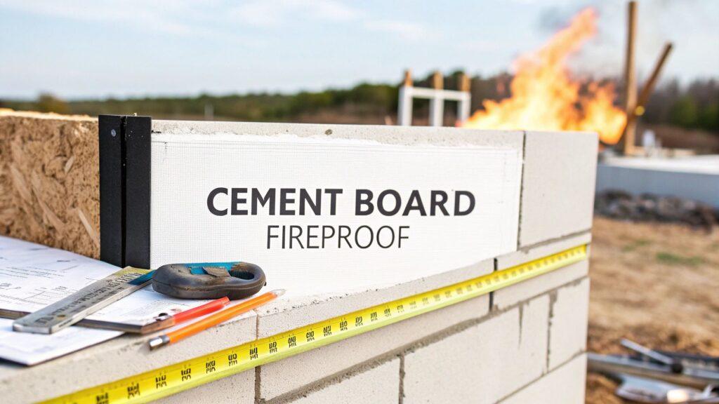 Cement board displaying fireproof qualities, typically used for exterior facades and interior walls offering a durable and protective surface solution.