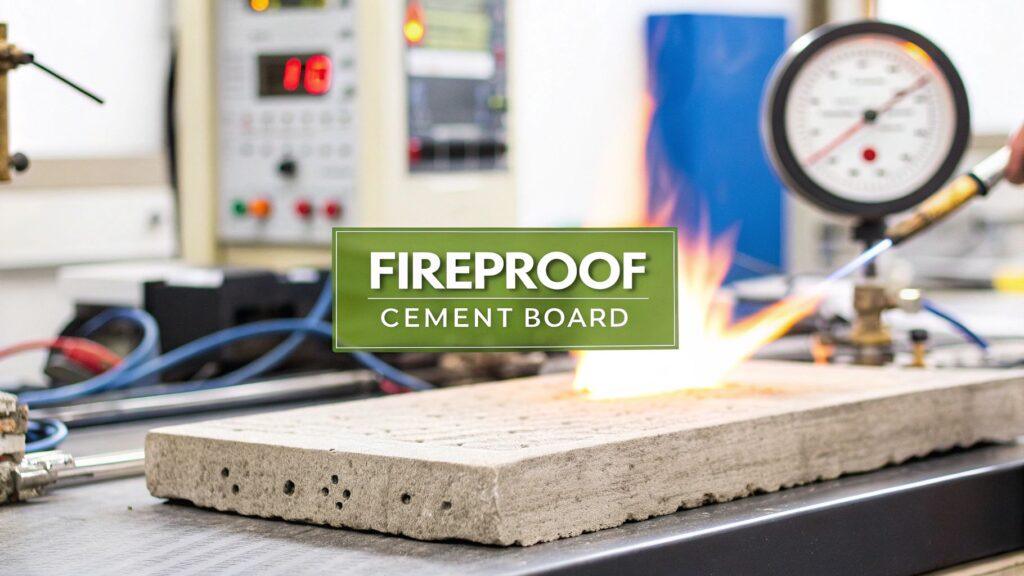 Fireproof cement board undergoing fire resistance testing, showing its durable composition and suitability for fire-rated interior wall applications.