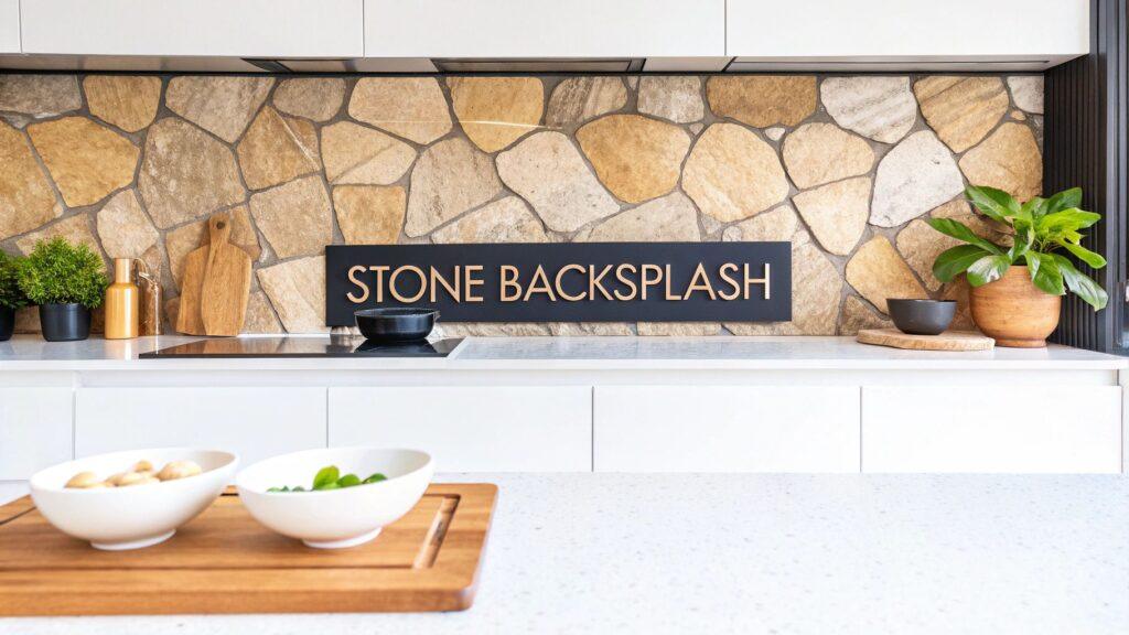 Rustic stone veneer in warm beige tones creates a natural, textured backsplash for a modern kitchen interior, adding character and style.