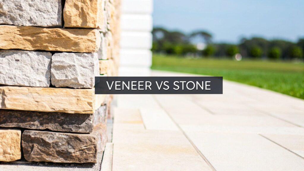 Multi-toned stone veneer with a rough, textured surface applied to an exterior wall, showcasing a blend of gray, tan, and brown hues for a natural look.