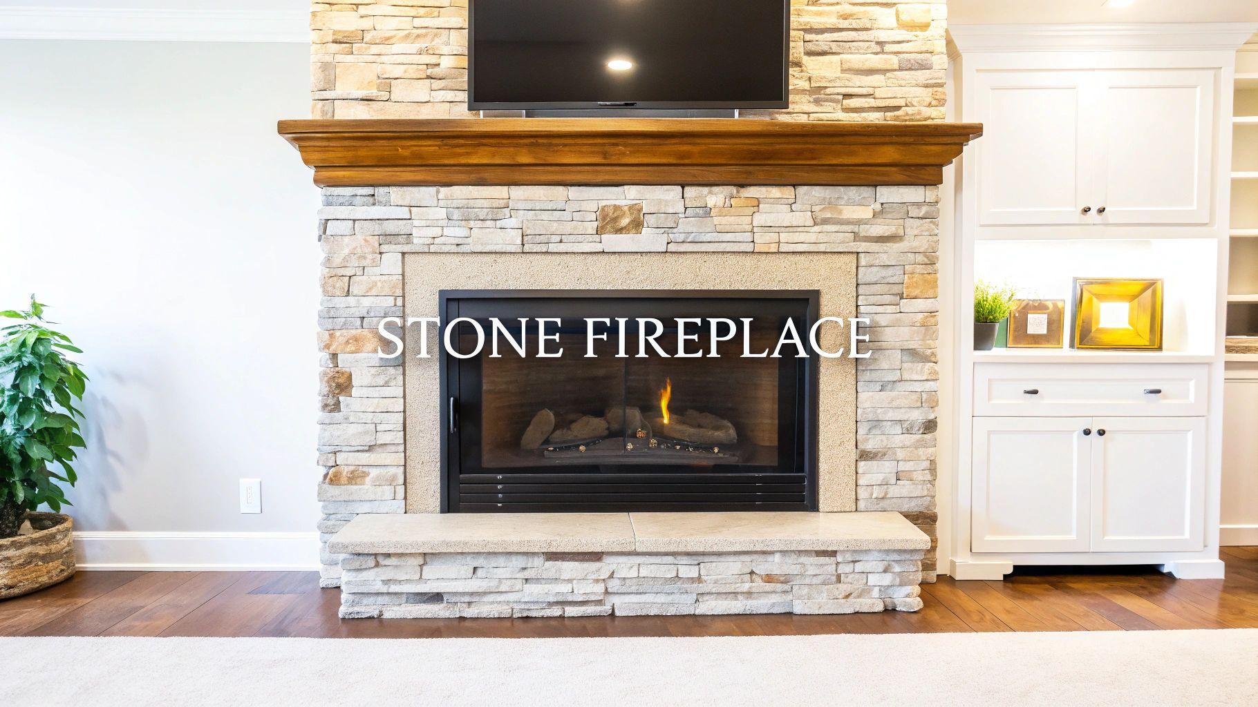 Neutral Stone Veneer Fireplace installation with safe clearance and heat shielding