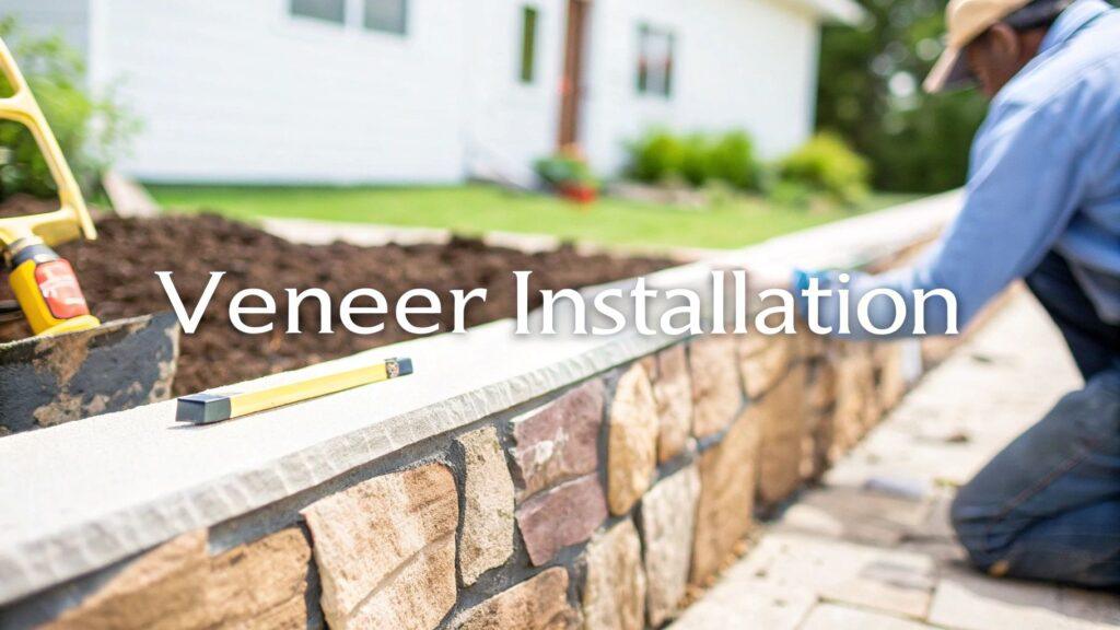 Tan and brown stone veneer creating an outdoor retaining wall, blending natural textures with a modern design for eye catching residential landscaping.