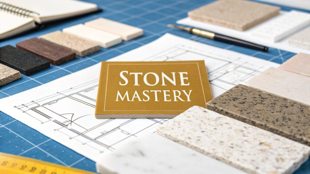 Stone Construction Material Guide: Expert Insider Strategies 1 Selection of stone veneer samples in neutral colors and textures arranged on a blueprint, showcasing options for interior wall and exterior facade design.