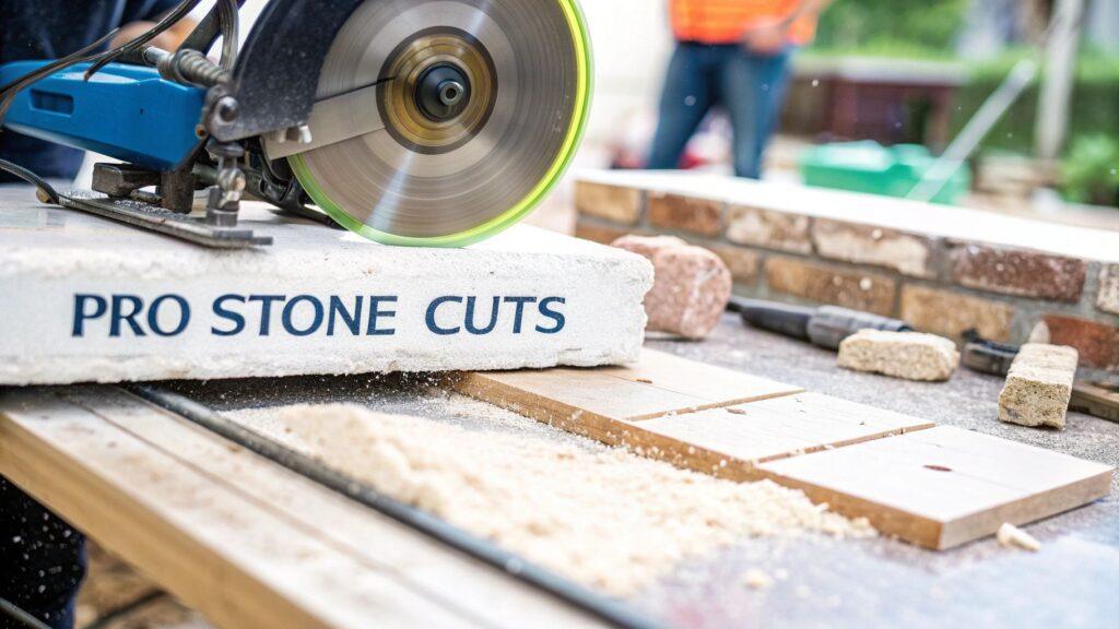 A saw cuts through a stone veneer with the words "Pro Stone Cuts" printed on it; used for exterior facade or interior accent walls.