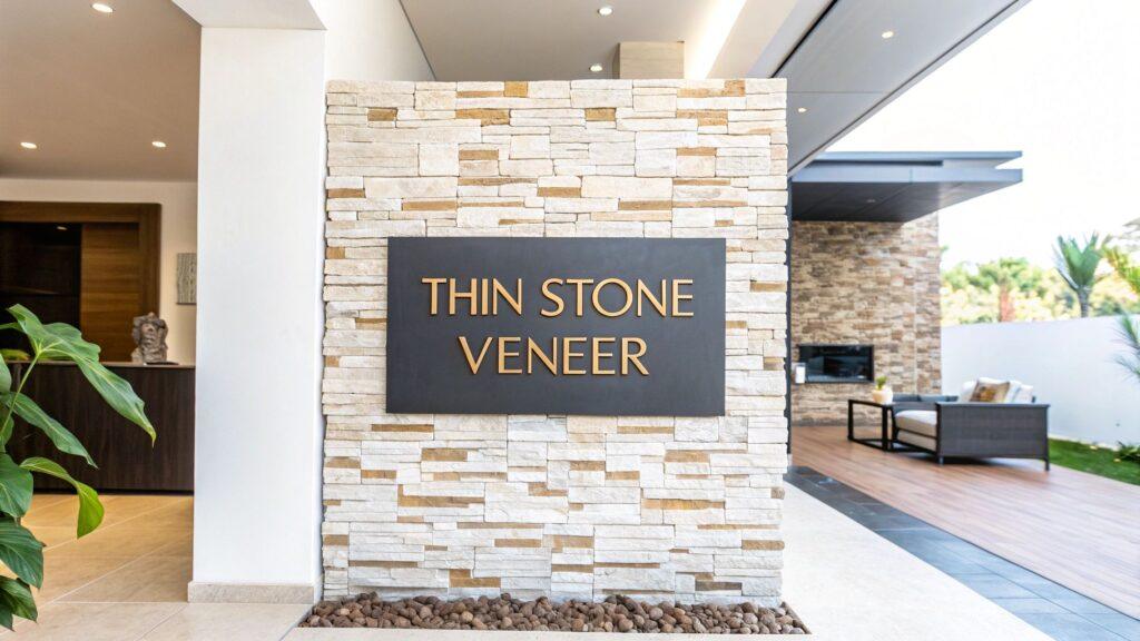 Modern interior wall with beige stone veneer, adding a touch of elegance to the space, ideal for residential or commercial design projects.