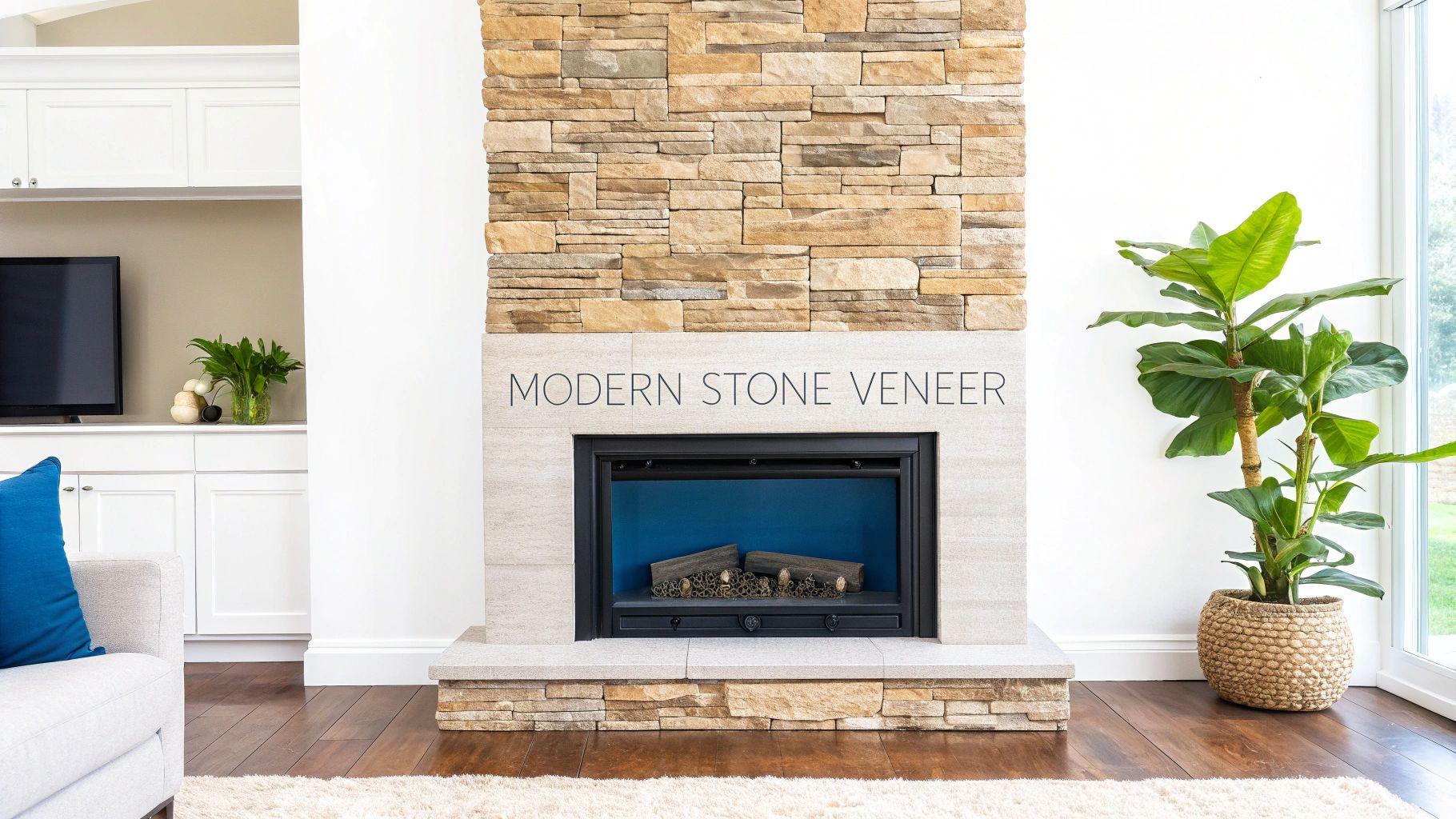 Modern Stone Veneer Fireplace centerpiece for a 2026 luxury residence