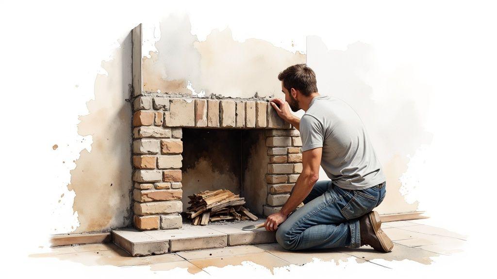 Tan stone veneer used to construct a fireplace accenting an interior wall, providing a rustic and textured design element to the living space.