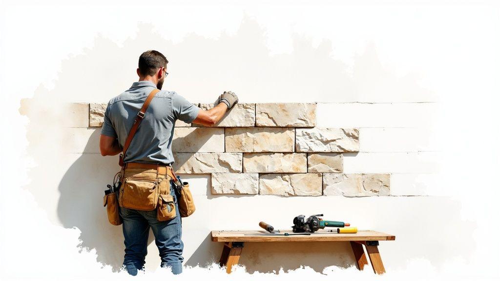 Craftsman installing beige stone veneer panels for an interior accent wall, showcasing the material's textured surface and natural color variations.