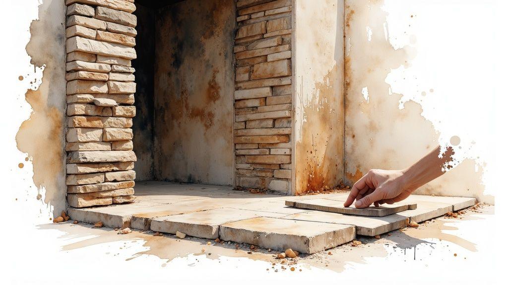 Tan stacked stone veneer creates a textured surface for an interior wall, offering a durable and stylish option for a feature wall.