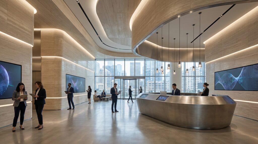 Transform Your Space: The Ultimate Guide to Lightweight Stone Panels for Modern Interiors 43 Lightweight stone paneling in a corporate lobby, featuring a light beige stone veneer with subtle veining, used as an interior wall finish in a modern design.