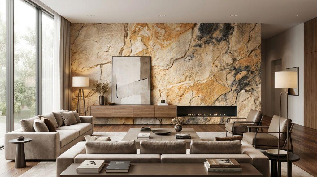 Textured PU stone panels in a blend of beige and brown hues create a striking accent wall in a modern living room, adding warmth and visual interest.