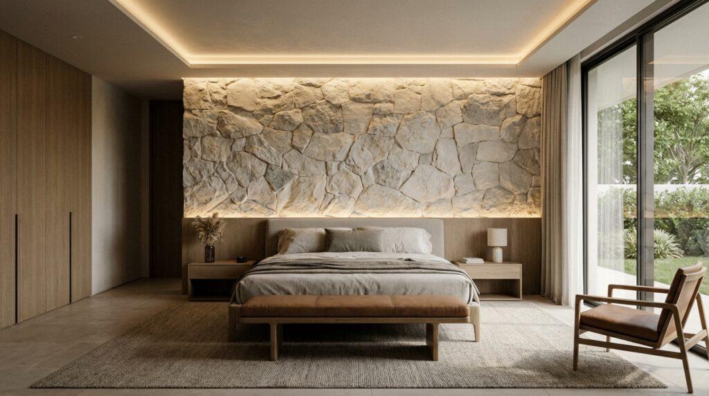 Interior Stone Cladding: How to Create Stunning Accent Walls That Last a Lifetime 45 Textured stone veneer in light gray tones creates a stunning accent wall in a luxury bedroom interior, adding depth and visual interest to the space.