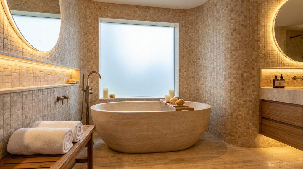 Travertine mosaic stone tiles create a textured, spa-like atmosphere on the interior walls of this luxury bathroom with a freestanding bathtub.
