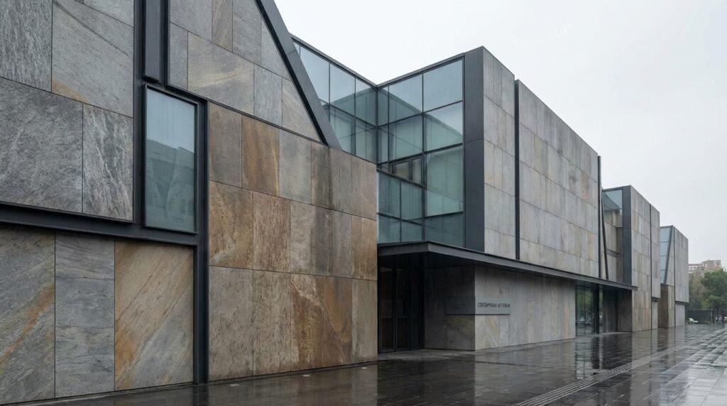 Transform Your Space: The Ultimate Guide to Architectural Stone Cladding for Stunning Exteriors 41 Modern building facade featuring natural stone veneer in gray and brown tones, providing durable and aesthetically pleasing exterior wall cladding.
