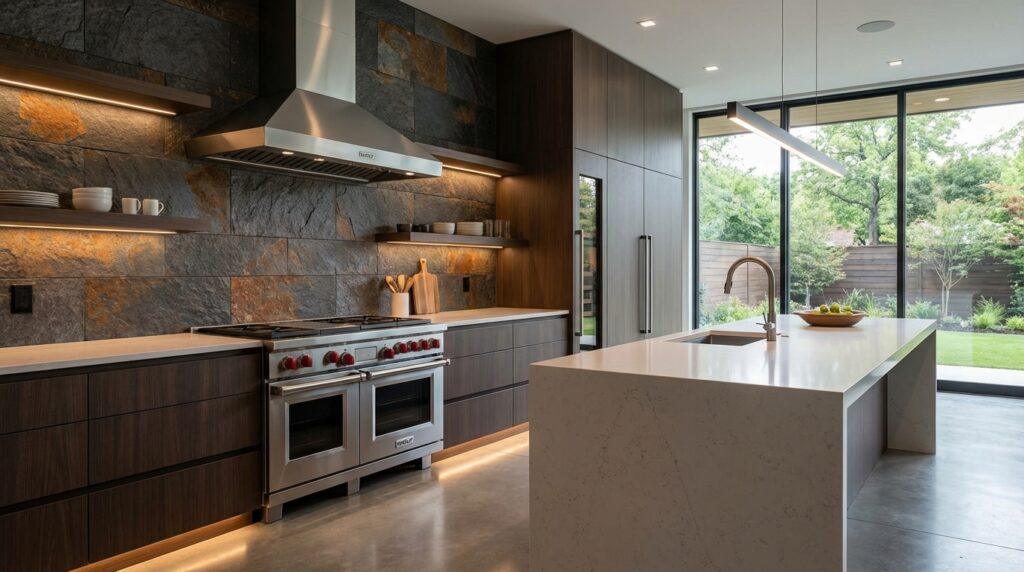 Modern kitchen backsplash featuring multi-toned stone veneer sheets, adding a natural, textured element to the interior wall design.