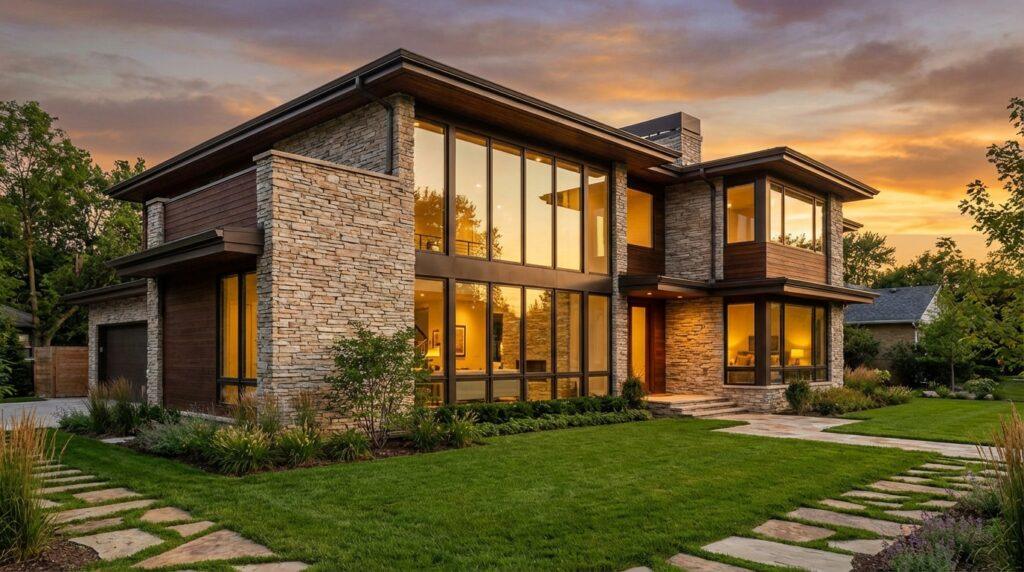 Modern residential exterior with natural stone veneer wall cladding, showcasing a light tan color and stacked texture for a contemporary facade.