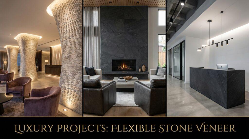 Showcase of flexible stone veneer in various applications, including textured columns, a black feature wall, and a modern reception desk.