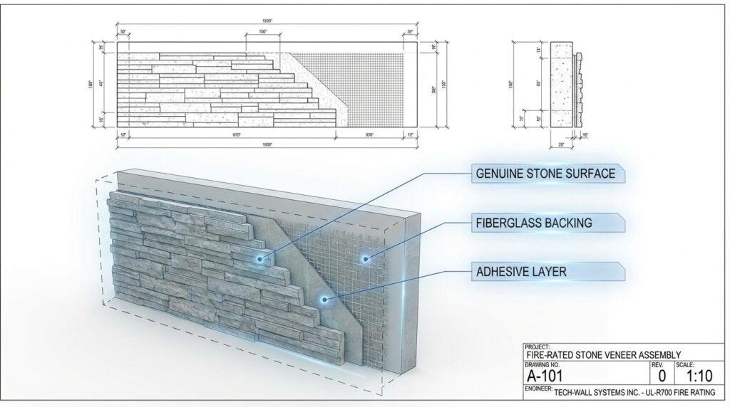 Technical drawing of a gray stone veneer panel assembly, showing the genuine stone surface, fiberglass backing, and adhesive layer for durable wall cladding.
