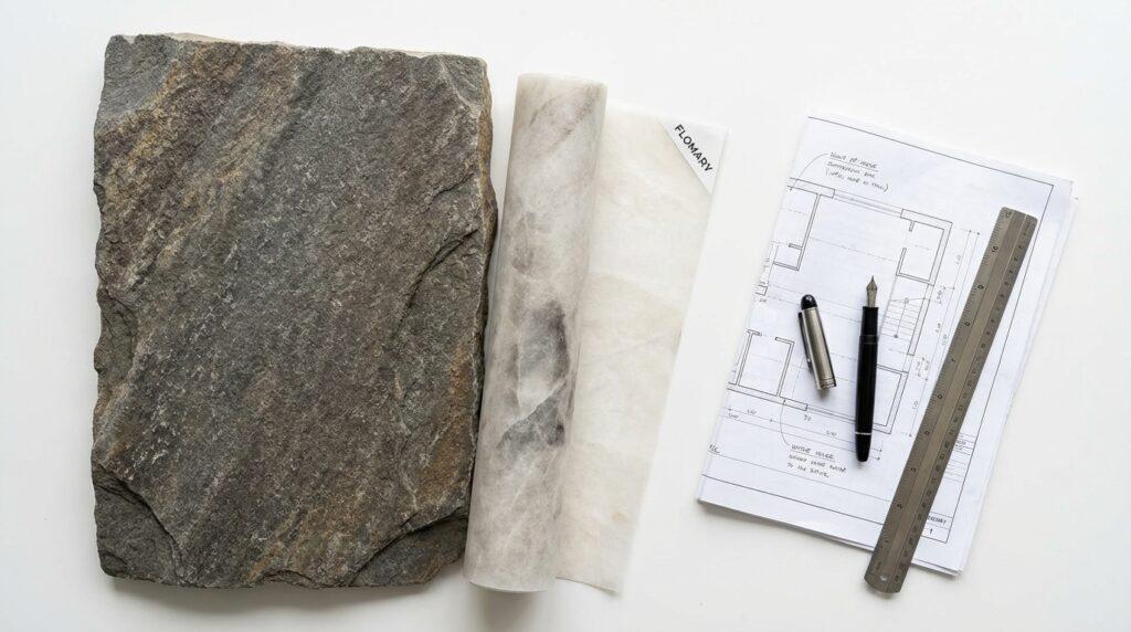 Rustic stone veneer sample next to rolled flexible stone tiles, showcasing material options for an interior feature wall with a natural stone look.